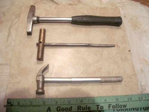 old used tools  3 hammers sm. solid  brass sm.  iron claw doil face flat head