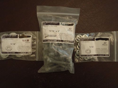 5/16&#034; x 2&#034; galvanized lag bolts screws + flat &amp; lock washers (30 each) for sale