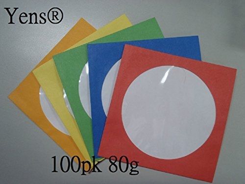 Yens® 100 pk Color CD DVD Paper Sleeves Envelopes with Flap and Clear Window 80g