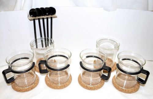 4 Bodum-Bistro-Glass-Coffee-Mugs-Cups-w-Black-Plastic-Handles &amp; Cream &amp; Sugar
