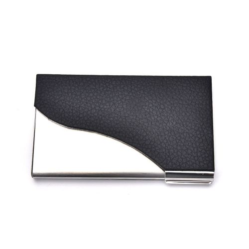 1X New Black PU Leather&amp;Stainless Steel Business Name Card Case Holder CMUS