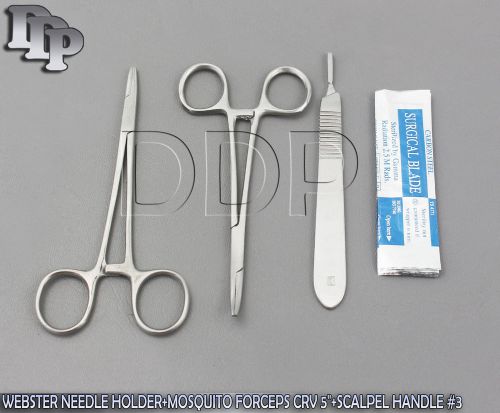 WEBSTER NEEDLE HOLDER 5&#034;+MOSQUITO FORCEPS CRV 5&#034;+SCALPEL HANDLE #3+5 BLADES #12