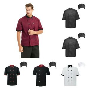 Unisex Short Sleeve Cooking Chef Coat Jacket + Hat For Kitchen Working Uniform