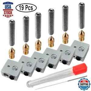 19 Pcs 0.4mm Extruder Nozzle Head+30mm Length Extruder Tube+Heater Blocks Hotend