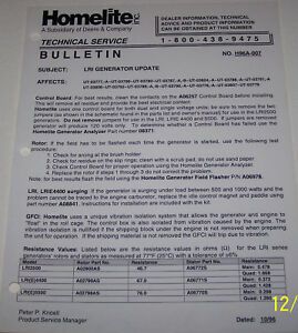 HOMELITE TECHNICAL SERVICE BULLETIN ON LRI GENERATOR UPDATE