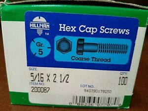 NEW Box of 100, 5/16-18 X 2-1/2&#034; Coarse Grade 5 Hex Head Zinc Hillman #200087