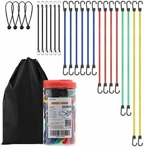 25 pcs Heavy Duty Bungee Cords with Hooks in Jar, 100% Latex Core Elastic Strong