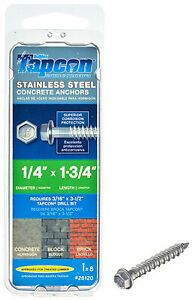 26120 Concrete Anchors, Stainless Steel, Hex Head, 1/4 x 1-3/4-In., 8-Pk. -