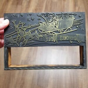 Vtg Letterpress Printing Block Christmas Joyous Noel w/ Santa Sleigh Reindeer