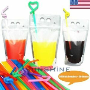 50Pcs Drink Pouches Bag Clear 17oz Handheld Container w/Straws Reclosable Zipper