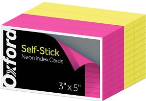 Oxford Self-Stick Index Cards 3x5 Inch, Ruled, Neon Sticky Notes (400 ct)