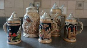 5 vintage collectible lidded Beer Steins...2 Budweiser...3 Germany