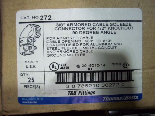 25pcs 3/8&#034;x90 w 1/2&#034; hub greenfield connector-t&amp;b #272 new in box- free ship ! for sale