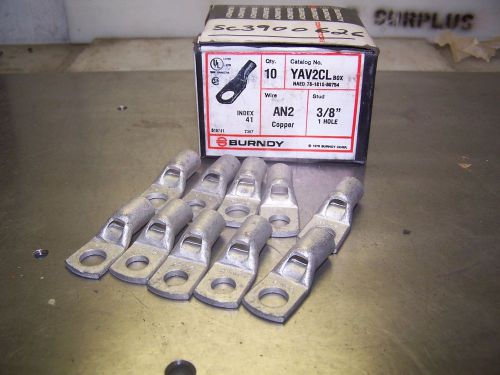 (10) NEW BURNDY YAV2CL COPPER COMPRESSION LUGS 3/8&#034; STUD AN2 2 AWG BOX OF 10