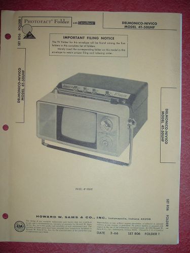 Sams Photofact 806-1 Vintage 1966 Delmonico Nivico Old TV Model 4T-50UHF 20 Page