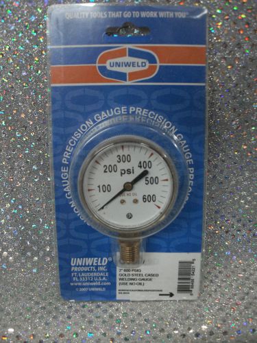 Uniweld gauge, g8sd, 2&#034;, 0 to 600 psig, gold steel cased, welding gauge 1/4&#034; for sale