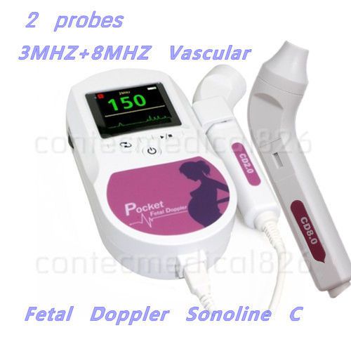Handheld pocket fetal doppler LCD Sonoline C+2 probes+1 gel(3Mhz+8Mhz vascular)