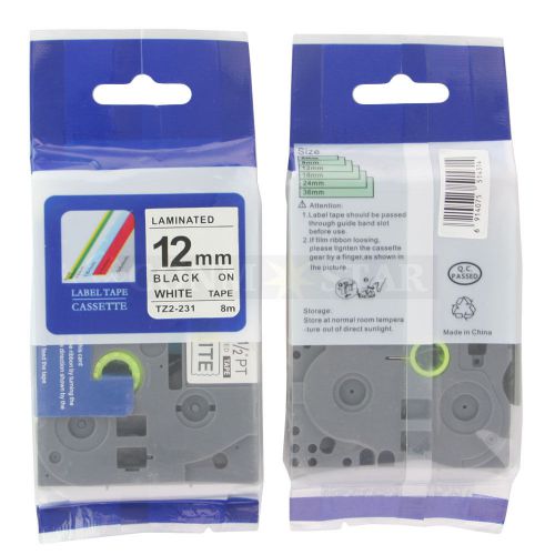 1pk white on black tape label for brother p-touch tz tze 231 12mm 1/2&#034; 26.2ft for sale