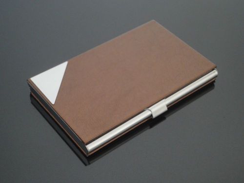 Brown leather stainless steel metal credit business card case holder for sale