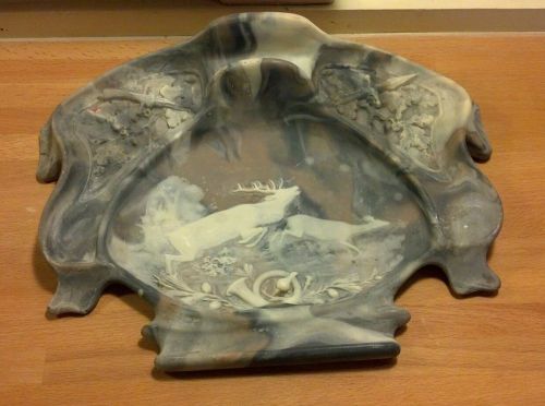 Vintage brown gray grey Incolay Stone Deer Stag Valet Tray Desk Organizer