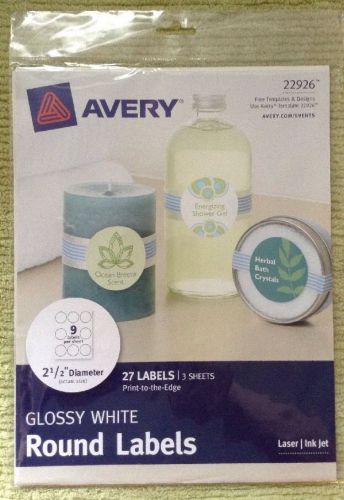 AVERY GLOSSY 2.5&#034; WHITE ROUND LABELS 22926.- 27 Labels 3 Sheets Print To Edge
