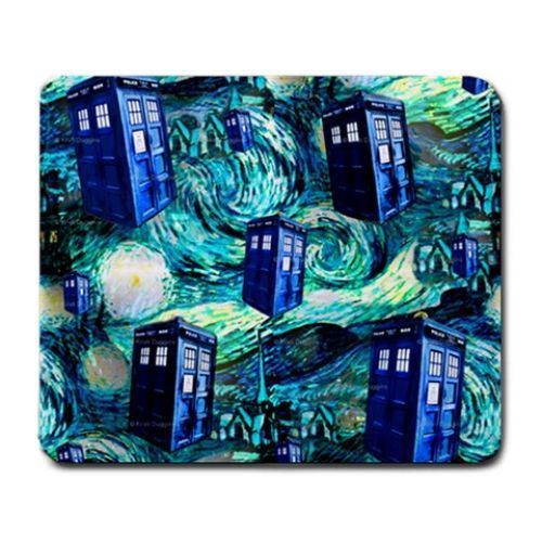 Teal Swirls Starry Night Landscape (Lots of Police Boxes) Large Mousepad