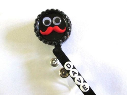 RED MUSTACHE/EYES ID BADGE REEL PERSONALIZED,MEDICAL,TEACHER,OFFICE,SCHOOL,