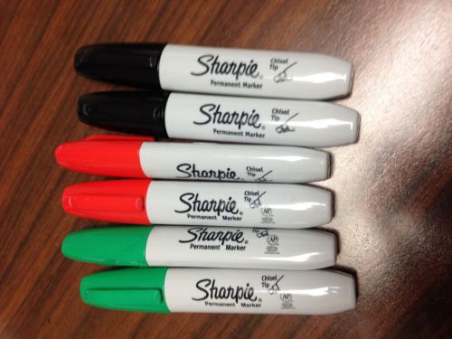 LOT OF 6 Sanford Sharpie Marker Chisel Tip Black/Red/Green - NEW