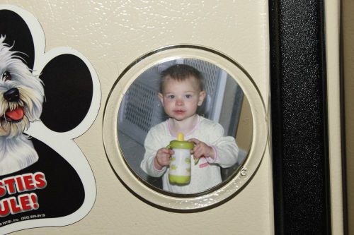 Box of round photo fridge magnets and round key fobs for sale