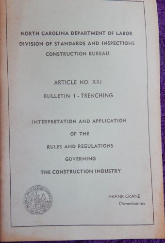 Vintage 1962 NORTH CAROLINA DEPT OF LABOR-RULES &amp; REGULATIONS/CONSTRUCTION IND