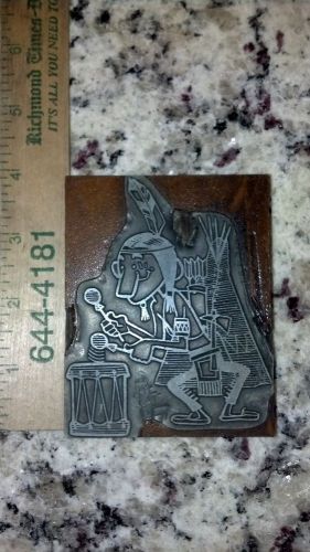 Vintage 3 3/4&#034; wood block stamp Ink Print of Indian playing drum with teepee