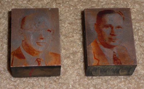 2 VINTAGE COPPER PHOTO PRINTING PLATES ON WOOD BLOCK - PORTRAITS