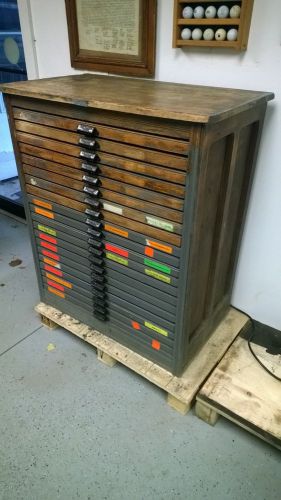 Letterpress Hamilton Oak Type Cabinet with 20 California Job &amp; Cap Drawers
