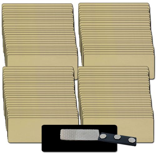 100 BLANK &amp; 100 BADGE MAGNETS 1 1/4 X 3 GOLD NAME BADGES TAGS ROUNDED CORNERS