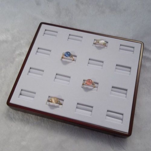 16 Slot White Faux Leather Rose Wood Ring Display Tray Case