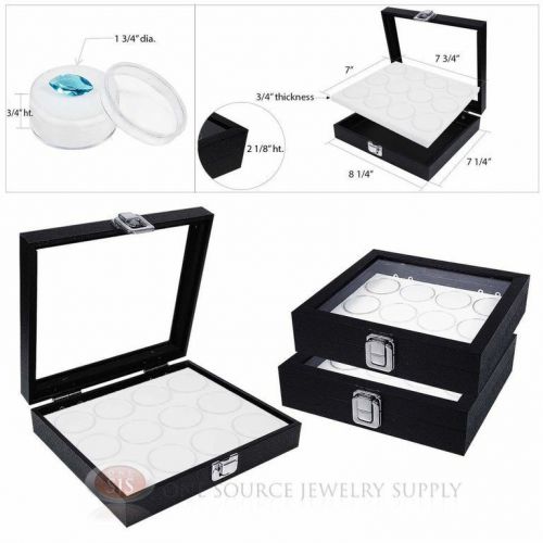 (3) White 12 Gem Jar Inserts w/ Glass Top Display Cases Gemstone Storage Jewelry
