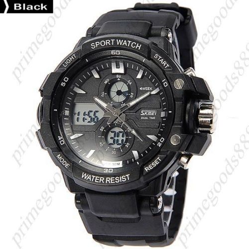 2 Time Zone Zones Silicone Date Digital Analog Quartz Men&#039;s Wristwatch Black