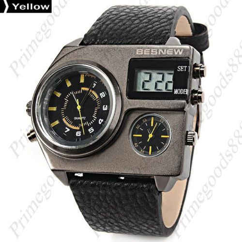 3 Time Zone Digital Quartz Analog Leather Men&#039;s Wristwatch Free Shipping Yellow