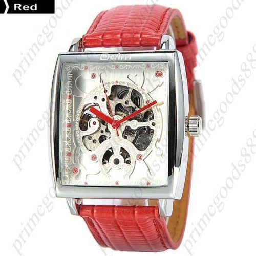 Square pu leather strap see through auto mechanical wrist men&#039;s wristwatch red for sale