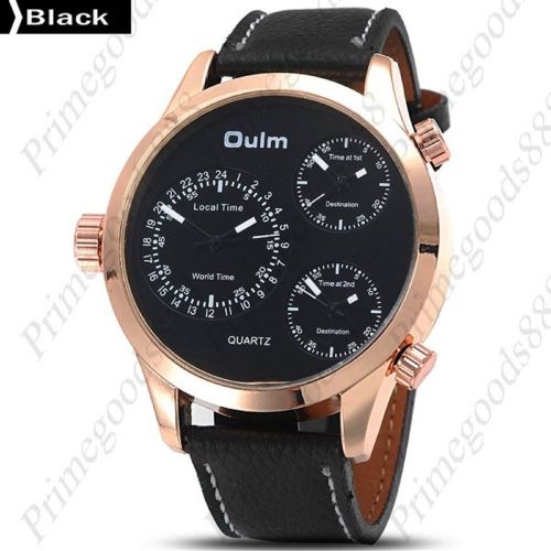 3 Time Zone Luxury Zones Sport Leather Quartz Wrist Wristwatch Men&#039;s Black