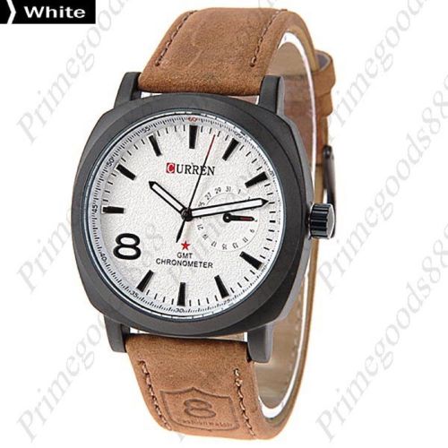 8 Round Case Quartz Analog Genuine Leather Wrist Men&#039;s Wristwatch White Face