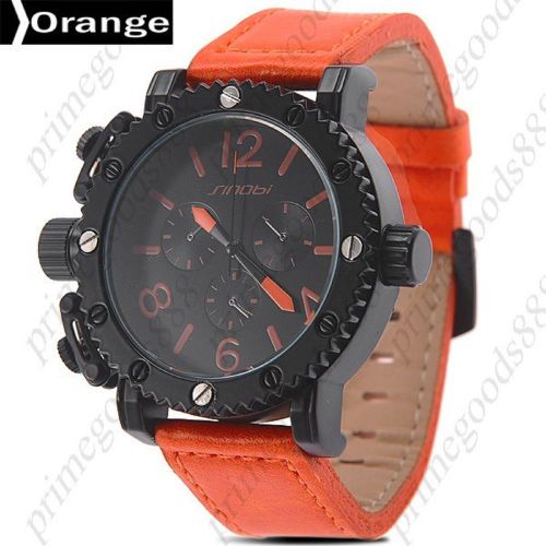 Genuine Leather Band Quartz Wrist Men&#039;s Wristwatch Black Orange
