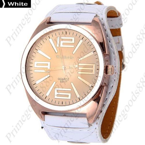 Large Wide PU Leather Wrist Analog Lady Ladies Quartz Wristwatch Women&#039;s White