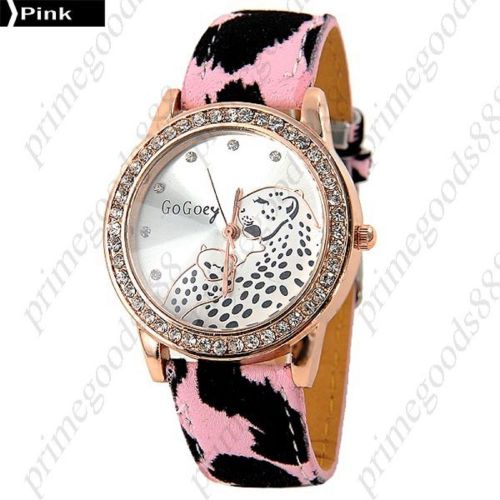 Leopard Rhinestones PU Leather Lady Ladies Wrist Quartz Wristwatch Women&#039;s Pink