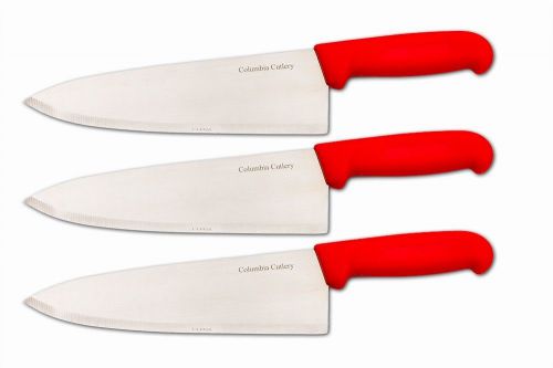 3 Columbia Cutlery 8&#034; Chef Knives - Red Handles - Brand New and very Sharp!