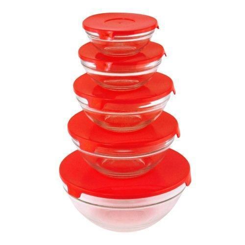 Glass Bowl Set With Red Lids Finelife