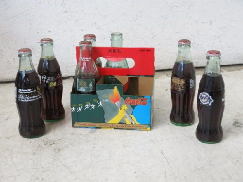 7 MIXED COMMEMORATIVE COCA-COLA BOTTLES, WALT DISNEY, SUPER BOWL 28