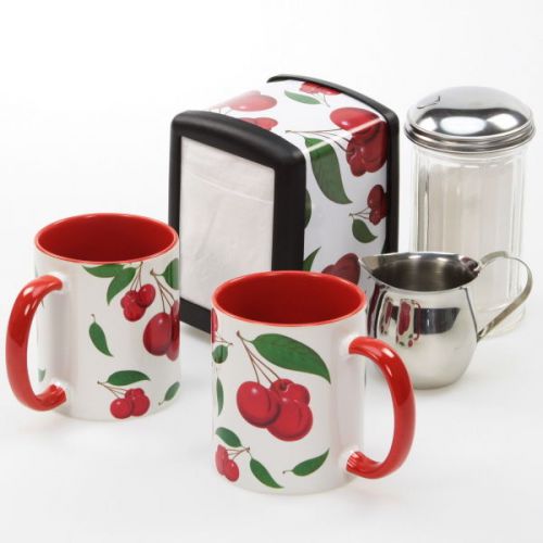 Cherries Diner Napkin Dispenser Coffee Mugs Tabletop Gift Set