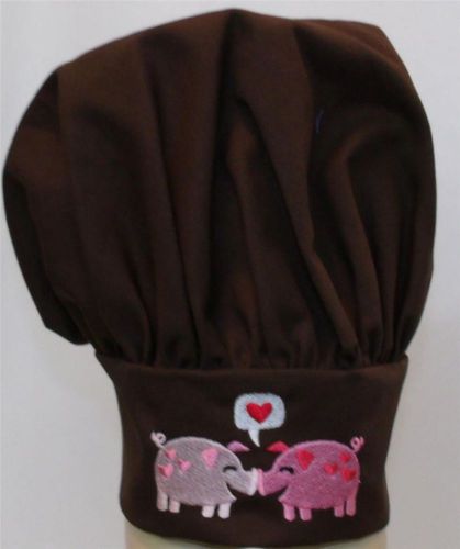 Brown Pigs &amp; Hearts Adult Size Chef Hat Pink Piggy Pigs Pig Pair Embroidered NWT