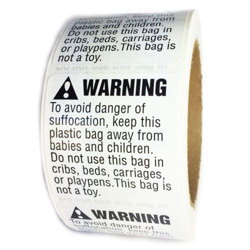 White and Black &#034;Warning&#034; Suffocation Hazard Labels Stickers - 2&#034; by 2&#034; - 500 ct